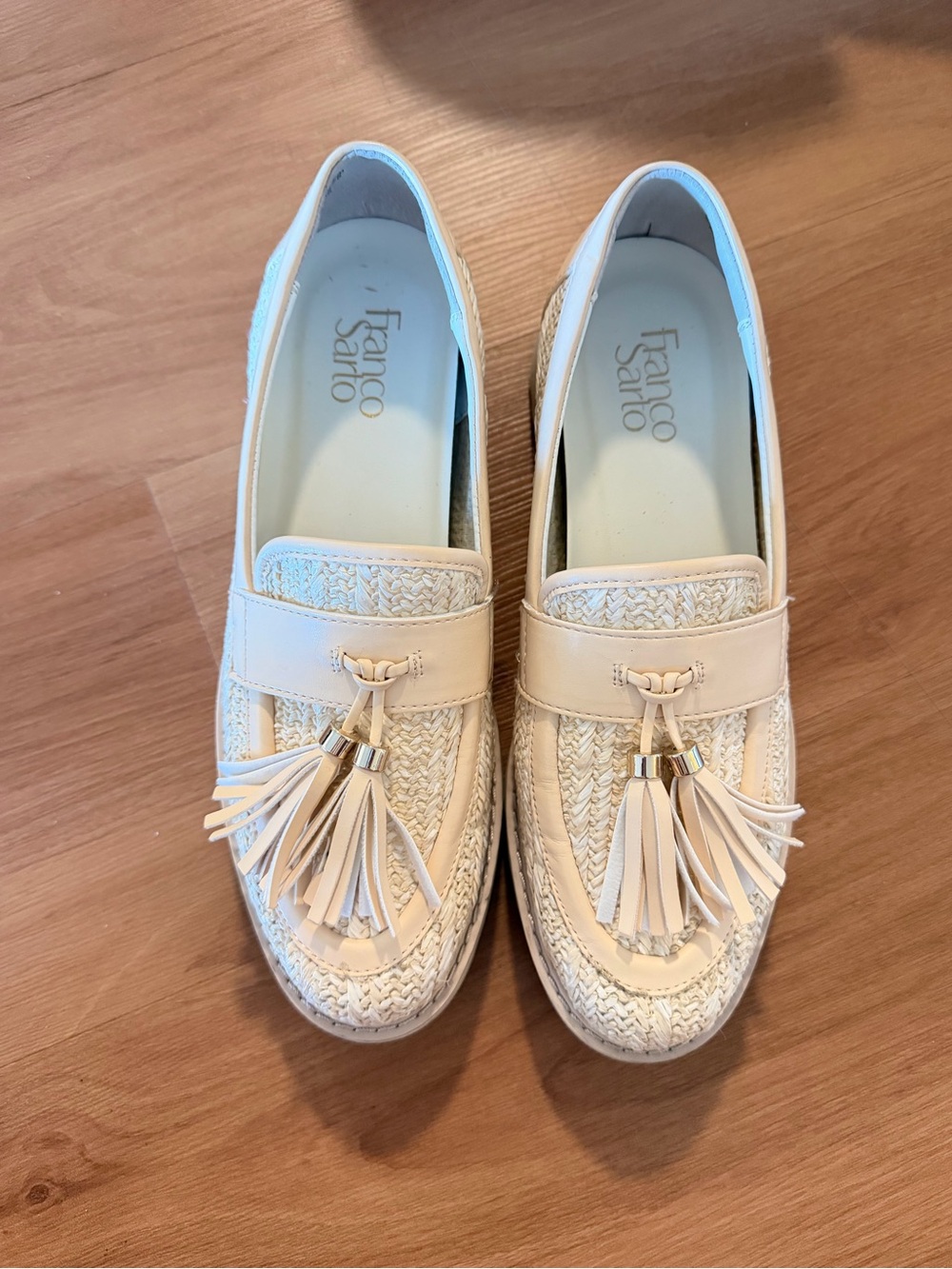 Franco Sarto Cream Woven Tassel Loafers